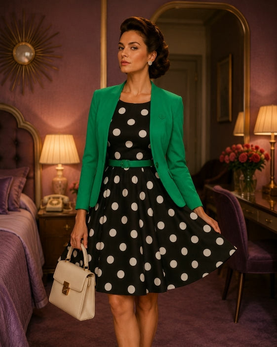 Robe à pois noire coupe évasée rétro face – HAFTER MODE